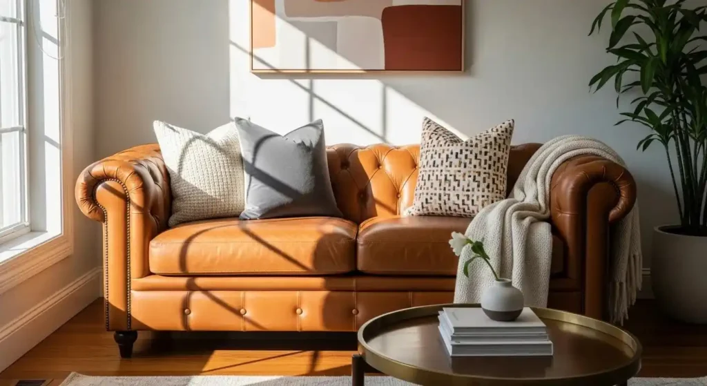 Leather sofa upholstery with cushion